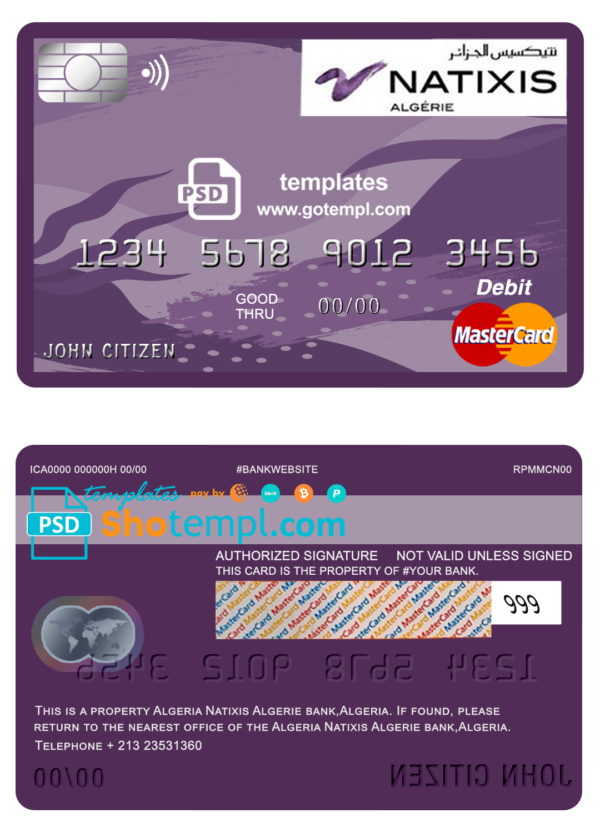 editable template, Algeria Natixis Algerie bank mastercard debit card template in PSD format, fully editable