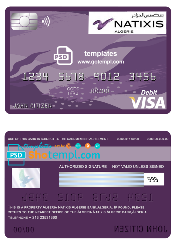 editable template, Algeria Natixis Algerie bank visa card debit card template in PSD format, fully editable