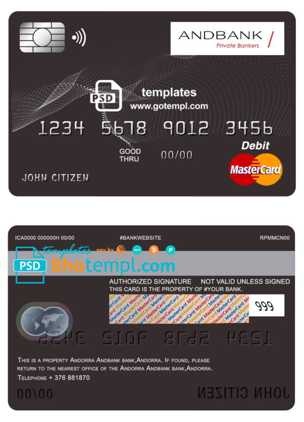 editable template, Andorra Andbank mastercard debit card template in PSD format, fully editable