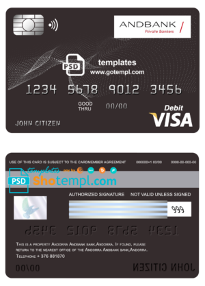 editable template, Andorra Andbank visa card debit card template in PSD format, fully editable