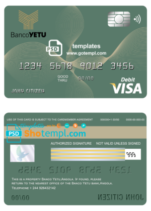 editable template, Angola Banco Yetu bank visa card debit card template in PSD format, fully editable