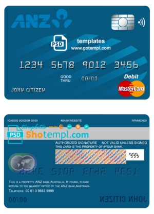 editable template, Australia ANZ bank mastercard debit card template in PSD format, fully editable