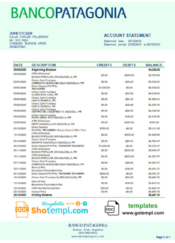 editable template, Argentina Banco Patagonia bank statement template in Word and PDF format