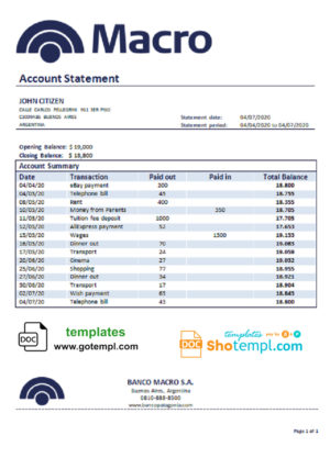 editable template, Argentina Banco Macro S.A. bank statement template in Word and PDF format