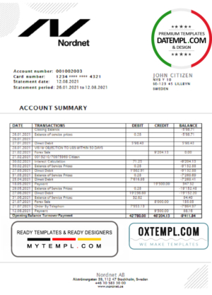 editable template, Sweden Nordnet AB bank statement easy to fill template in .doc and .pdf format, fully editable