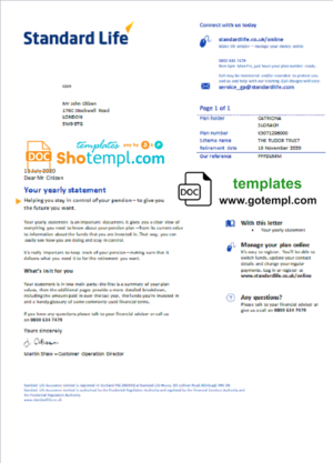 editable template, United Kingdom Standard Life utility bill template in Word and PDF format