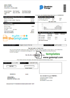 editable template, USA Dominion Energy utility bill template in Word and PDF format