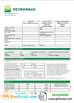 editable template, Paraguay Petrobras Paraguay Operations and Logistics gas company utility bill template in Word and PDF format