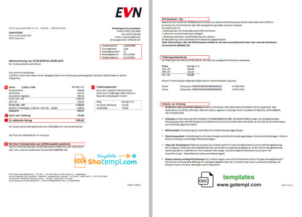 editable template, Austria EVN electricity utility bill template in Word and PDF format, language German (5 pages)