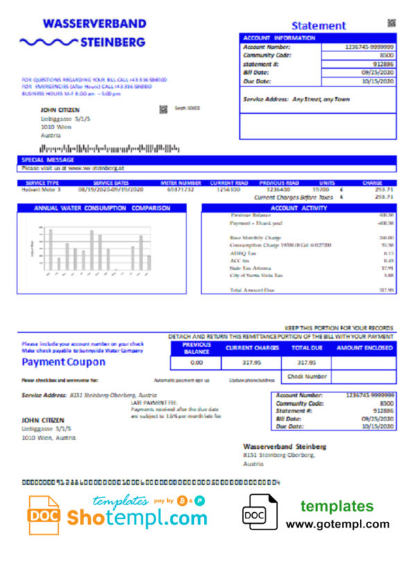 editable template, Austria Wasserverband Steinberg water utility bill template in Word and PDF format
