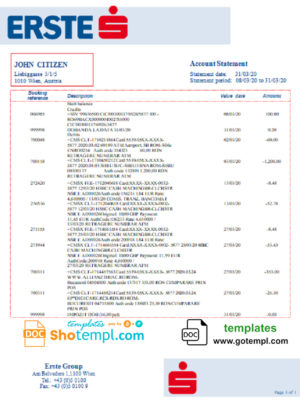 editable template, Austria Erste Group bank statement template in Word and PDf format