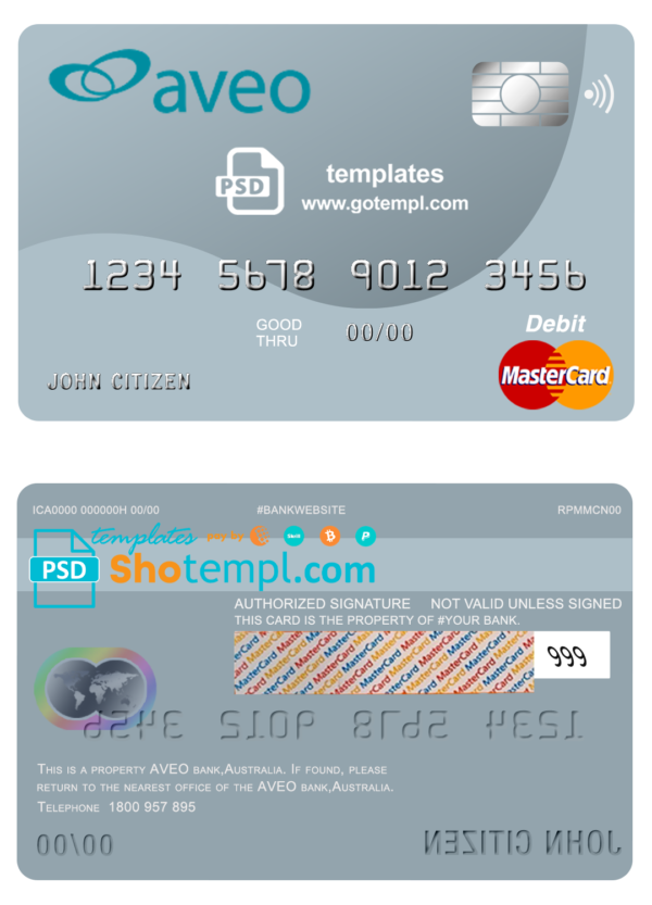 editable template, Australia Aveo bank mastercard debit card template in PSD format, fully editable