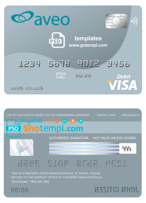 editable template, Australia Aveo bank visa card debit card template in PSD format, fully editable