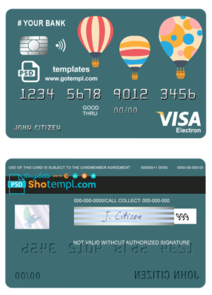 editable template, # baloon bio universal multipurpose bank visa electron credit card template in PSD format, fully editable