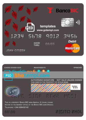 editable template, Angola Banco BIC bank mastercard debit card template in PSD format, fully editable