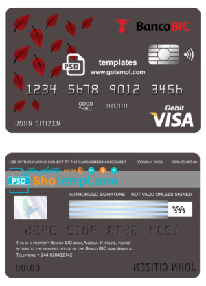 editable template, Angola Banco BIC bank visa card debit card template in PSD format, fully editable
