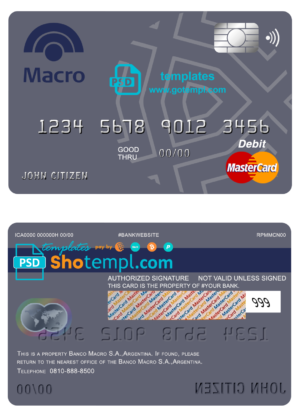 editable template, Argentina Banco Macro S.A. bank mastercard debit card template in PSD format, fully editable