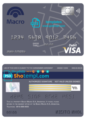 editable template, Argentina Banco Macro S.A. bank visa card debit card template in PSD format, fully editable