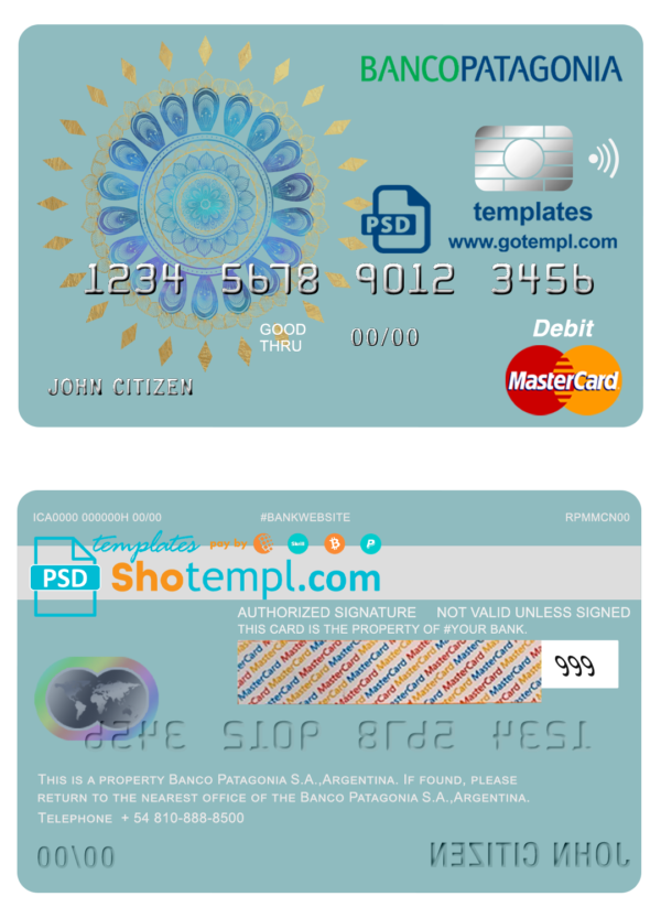 editable template, Argentina Banco Patagonia bank mastercard debit card template in PSD format, fully editable