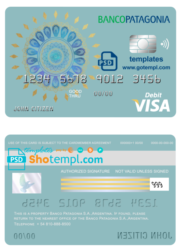 editable template, Argentina Banco Patagonia bank visa card debit card template in PSD format, fully editable