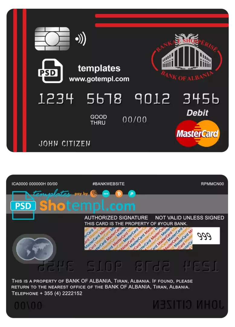 editable template, Albania Bank of Albania bank mastercard debit card template in PSD format, fully editable