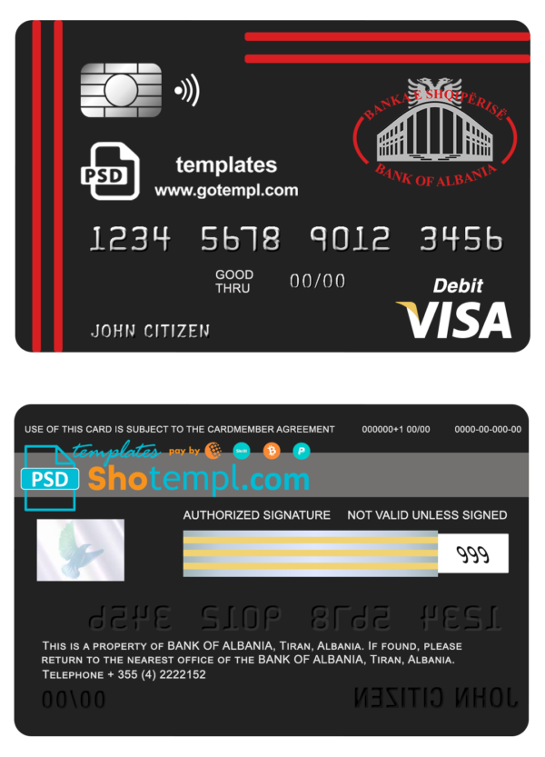editable template, Albania Bank of Albania bank visa card debit card template in PSD format, fully editable