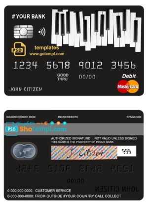 editable template, # bay piano universal multipurpose bank mastercard debit credit card template in PSD format, fully editable