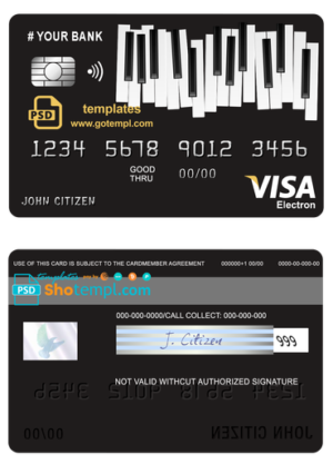editable template, # bay piano universal multipurpose bank visa electron credit card template in PSD format, fully editable