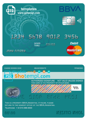 editable template, Argentina BBVA bank mastercard debit template in PSD format, fully editable