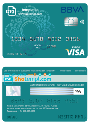 editable template, Argentina BBVA bank visa debit card template in PSD format, fully editable