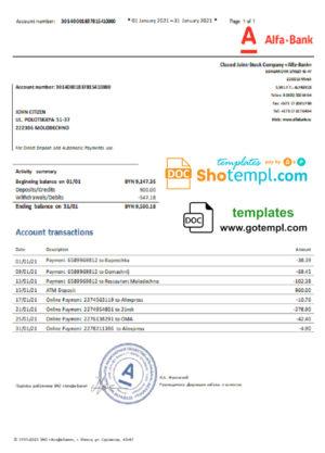 editable template, Belarus Alfa bank statement template in Word and PDF format
