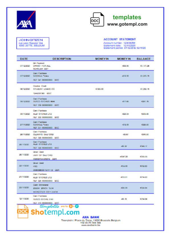editable template, Belgium AXA Bank statement template in Word and PDF format