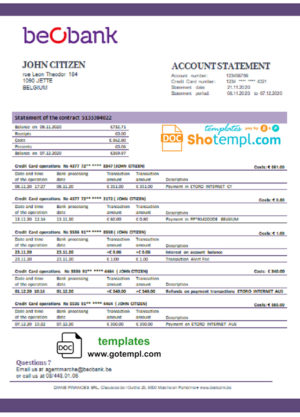 editable template, Belgium Beobank statement template in Word and PDF format