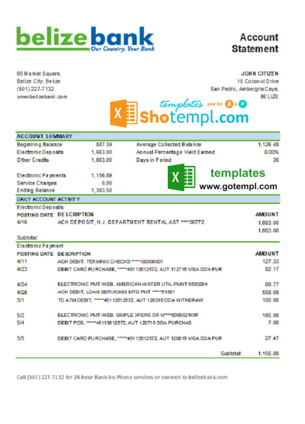 editable template, Belize Belizebank bank statement easy to fill template in .xls and .pdf file format