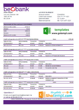editable template, Belgium Beobank bank statement easy to fill template in .xls and .pdf file format