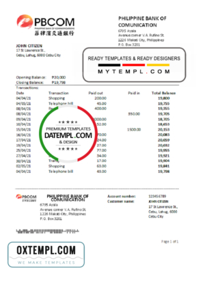 editable template, Philippines Bank of Communications bank statement easy to fill template in .xls and .pdf file format