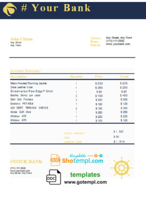 editable template, # blue tone universal multipurpose bank statement template in Word format