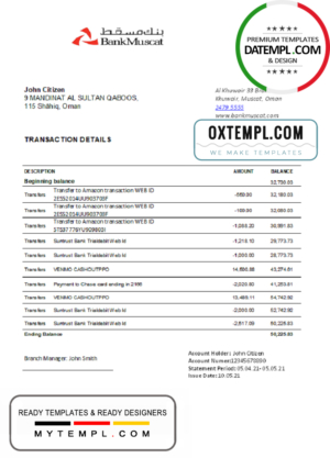 editable template, Oman Bank Muscat bank statement easy to fill template in .xls and .pdf file format