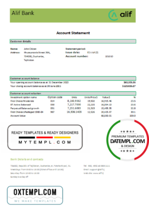 editable template, Tajikistan Alif Bank statement template in Excel and PDF format