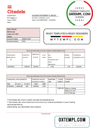editable template, Latvia Citadele bank statement template in Excel and PDF format