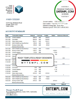 editable template, Saudi Arabia Banque Saudi Fransi bank statement easy to fill template in Excel and PDF format