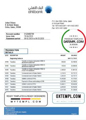 editable template, Qatar Ahlibank proof of address bank statement template in Word and PDF format, .doc and .pdf  format