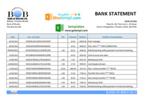 editable template, Bhutan Bank of Bhutan bank statement easy to fill template in Excel and PDF format
