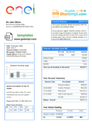 editable template, Brazil ENEL electricity utility bill template in Word and PDF format