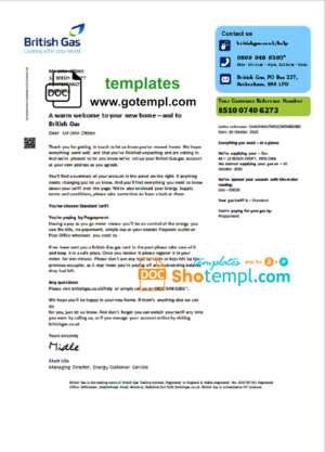 editable template, United Kingdom British Gas utility bill template in Word and PDF format, version 2