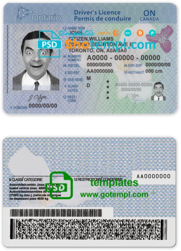 editable template, Canada Ontario driving license template in PSD format (2018 - present)