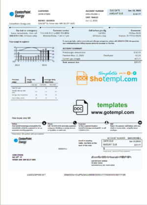 editable template, USA Texas Center Point Energy utility bill template in Word and PDF format
