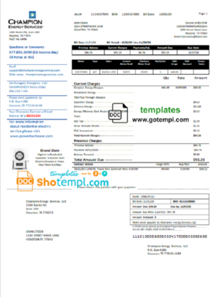 editable template, USA Texas Champion Energy Services proof of address utility bill template in Word and PDF format