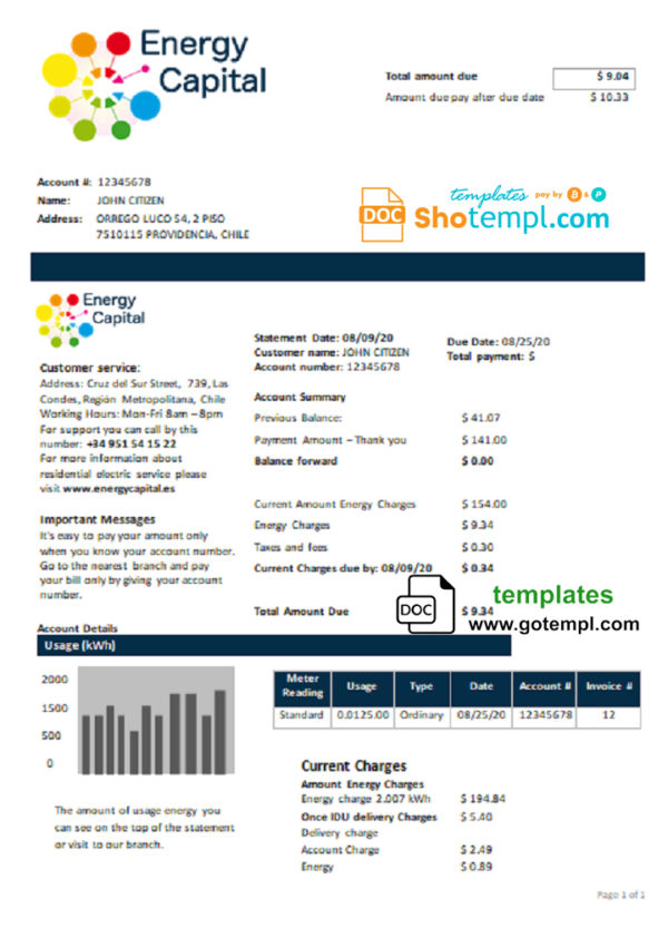 editable template, Chile Energy Capital utility bill template in Word and PDF format