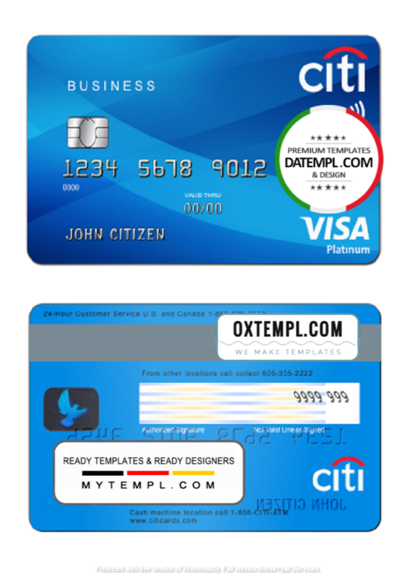 editable template, USA Citibank Visa Platinum card template in PSD format, fully editable